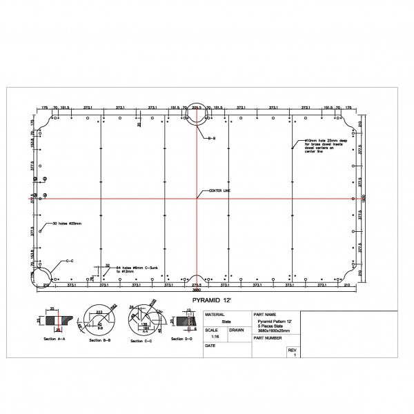 Плита для бильярдных столов Rasson Original Premium Slate 12 футов, 25 мм, 5 шт (русская пирамида, снукер)